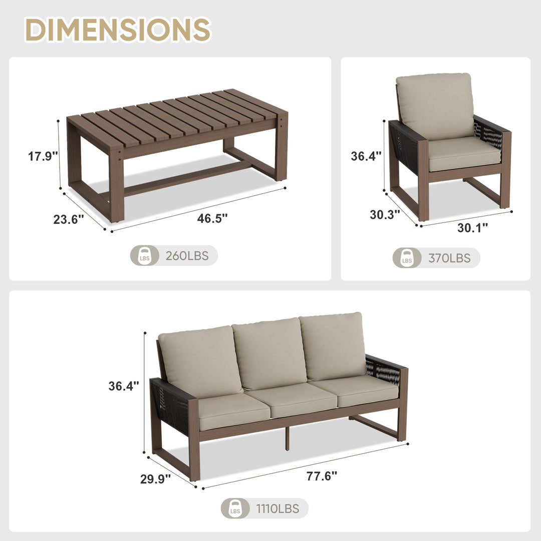 COOS BAY Natural Cedar 4 PCS Furniture Set w/Sofa 2 Chairs and Coffee Table