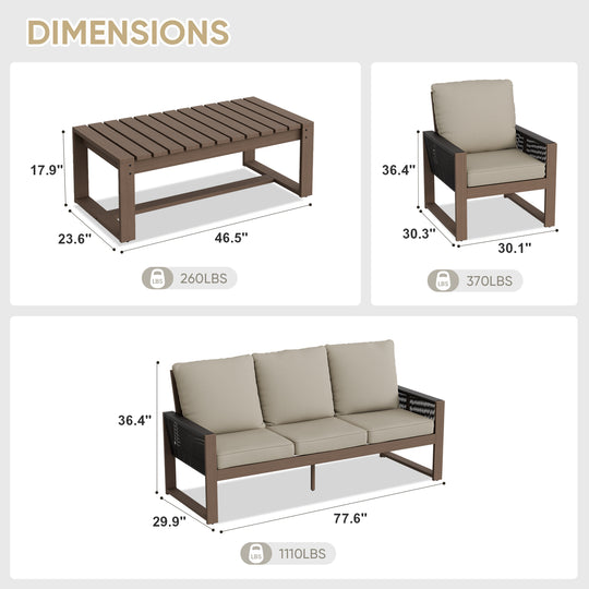 COOS BAY Natural Cedar 4 PCS Furniture Set w/Sofa 2 Chairs and Coffee Table