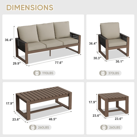 COOS BAY Natural Cedar 5 PCS Furniture Set w/ Sofa, 2 Patio Chairs, Coffee Table, and Side Table