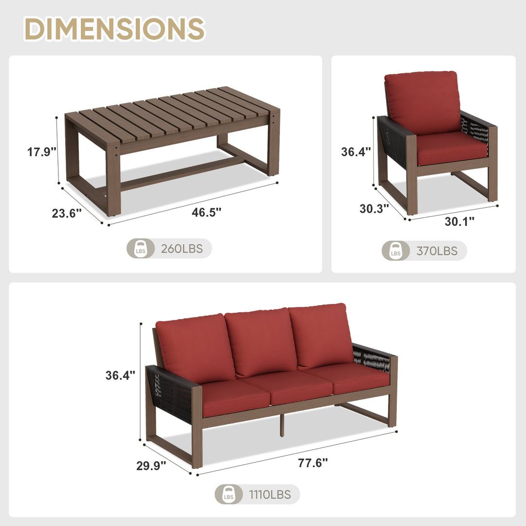 COOS BAY Natural Cedar 4 PCS Furniture Set w/Sofa 2 Chairs and Coffee Table