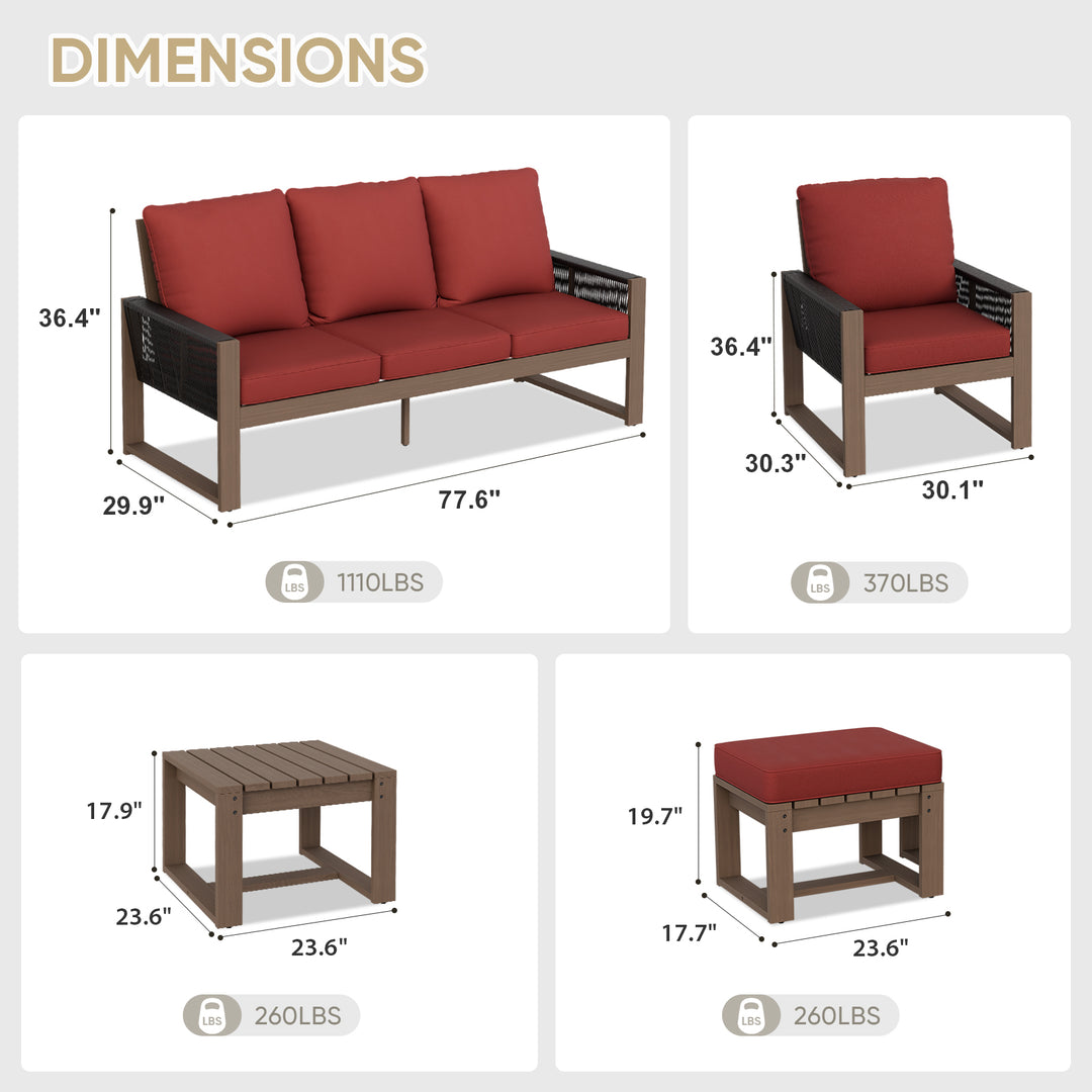 COOS BAY Natural Cedar 6 PCS Furniture Set w/ Sofa 2 Patio Chairs 2 Ottomans and Side Table