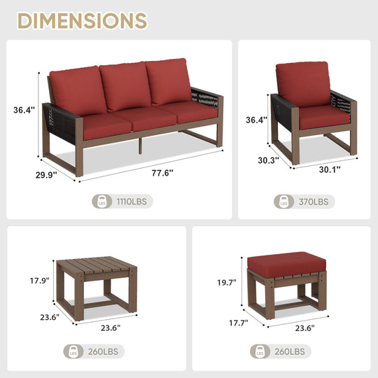 COOS BAY Natural Cedar 6 PCS Furniture Set w/ Sofa 2 Patio Chairs 2 Ottomans and Side Table