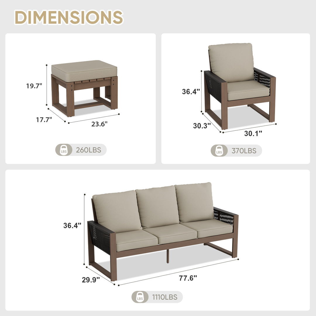 COOS BAY Natural Cedar 5 PCS Furniture Set w/Sofa 2 Patio Chairs and 2 Ottomans