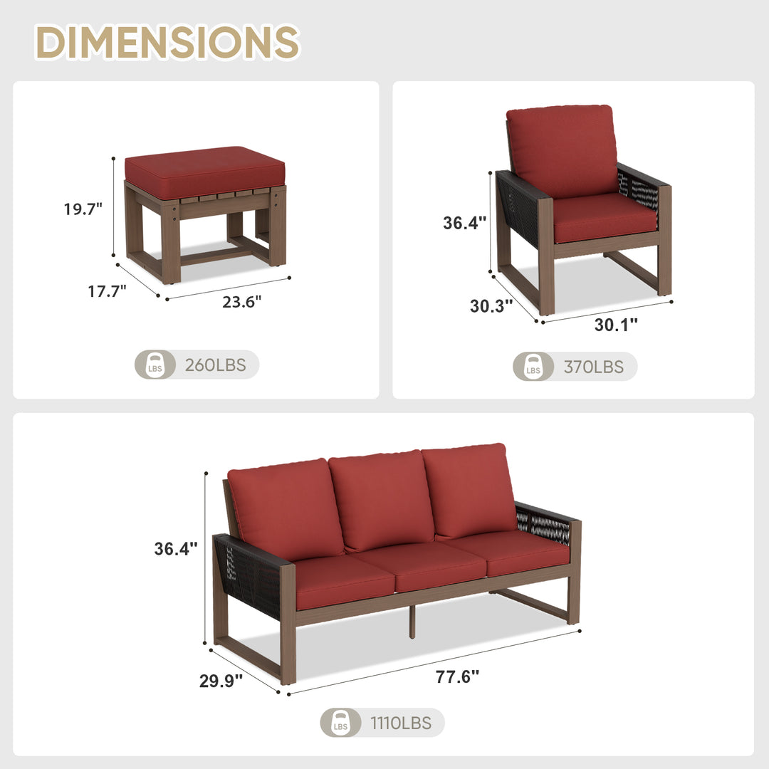 COOS BAY Natural Cedar 5 PCS Furniture Set w/Sofa 2 Patio Chairs and 2 Ottomans