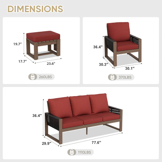 COOS BAY Natural Cedar 5 PCS Furniture Set w/Sofa 2 Patio Chairs and 2 Ottomans