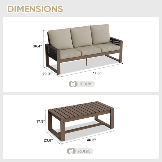 COOS BAY Natural Cedar 2 PCS Patio Furniture Set with Sofa and Coffee Table