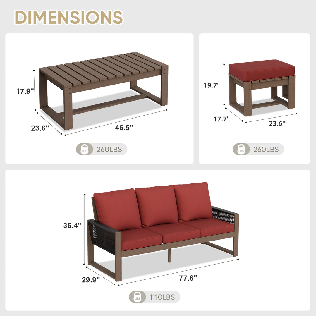 COOS BAY Natural Cedar 4 PCS Furniture Set w/ Sofa 2 Ottomans and Coffee Table