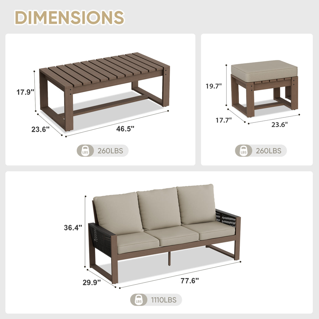 COOS BAY Natural Cedar 4 PCS Furniture Set w/ Sofa 2 Ottomans and Coffee Table