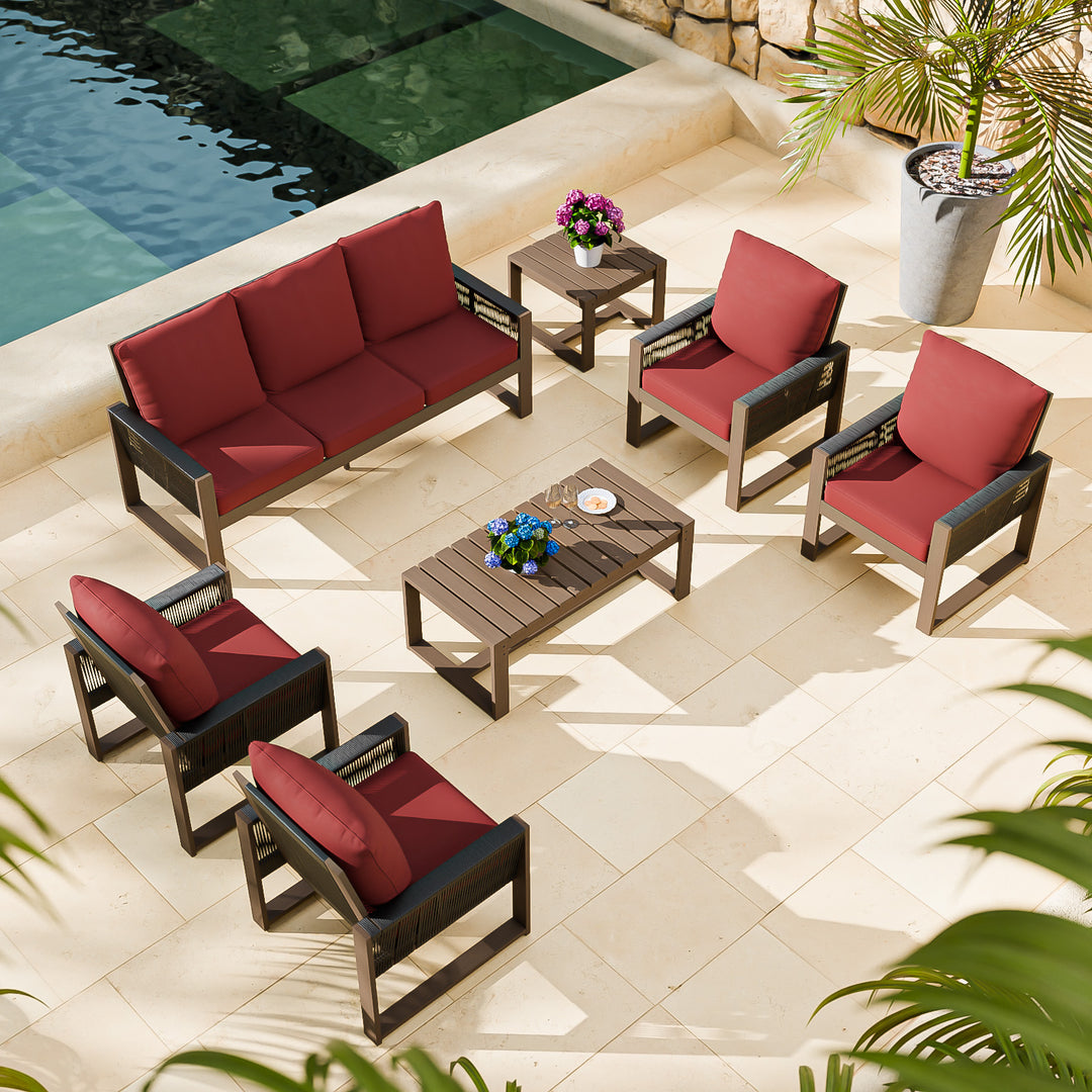 COOS BAY Natural Cedar 7 PCS Furniture Set w/ Sofa 4 Patio Chairs, Coffee Table and Side Table