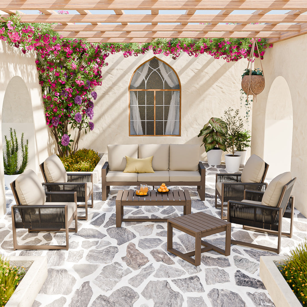 COOS BAY Natural Cedar 7 PCS Furniture Set w/ Sofa 4 Patio Chairs, Coffee Table and Side Table