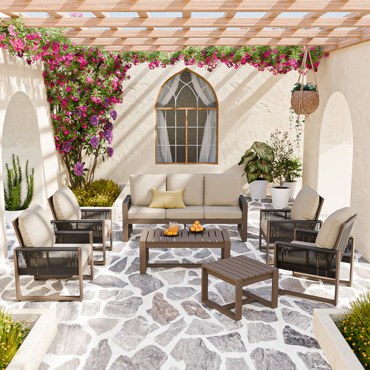 COOS BAY Natural Cedar 7 PCS Furniture Set w/ Sofa 4 Patio Chairs, Coffee Table and Side Table