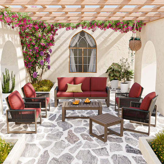 COOS BAY Natural Cedar 7 PCS Furniture Set w/ Sofa 4 Patio Chairs, Coffee Table and Side Table