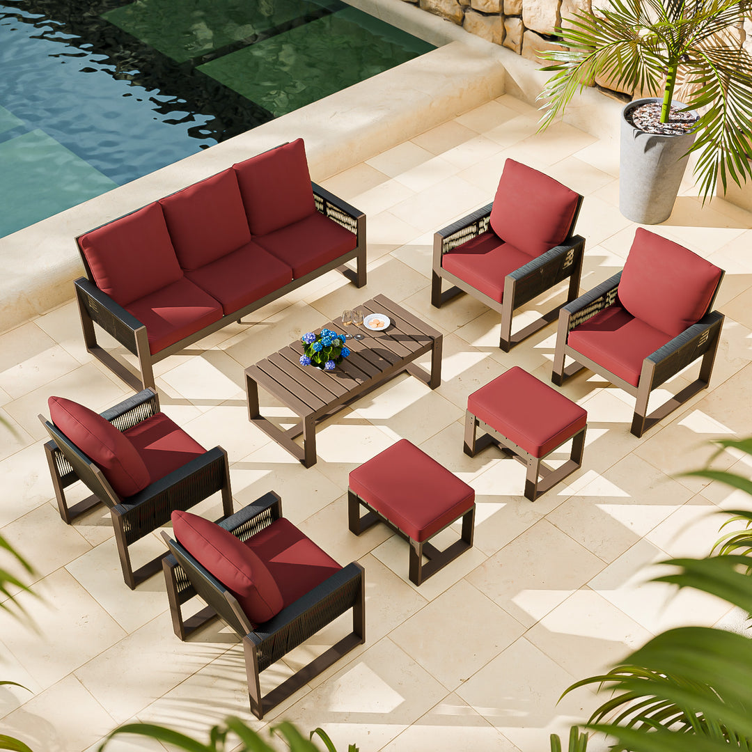 COOS BAY Natural Cedar 8 PCS Furniture Set w/Sofa 4 Patio Chairs 2 Ottomans and Coffee Table