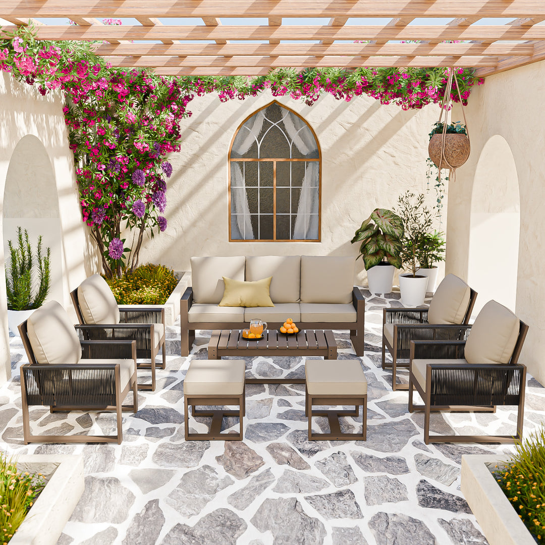 COOS BAY Natural Cedar 8 PCS Furniture Set w/Sofa 4 Patio Chairs 2 Ottomans and Coffee Table