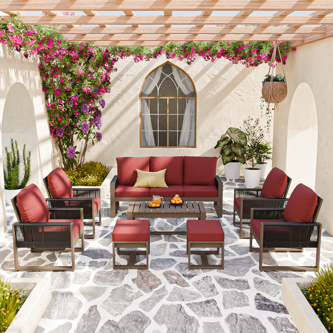 COOS BAY Natural Cedar 8 PCS Furniture Set w/Sofa 4 Patio Chairs 2 Ottomans and Coffee Table