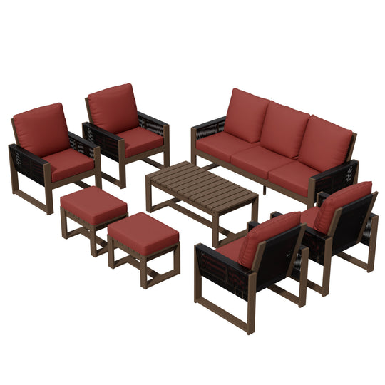 COOS BAY Natural Cedar 8 PCS Furniture Set w/Sofa 4 Patio Chairs 2 Ottomans and Coffee Table