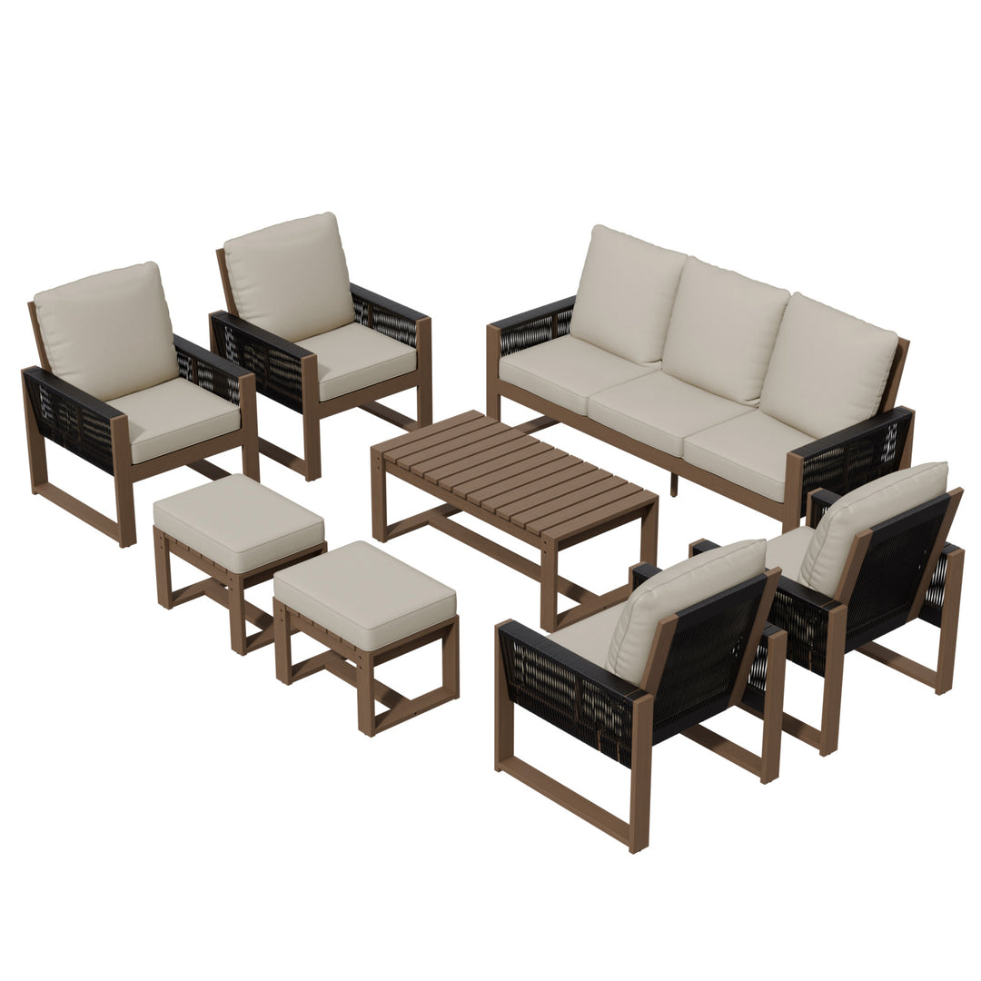 COOS BAY Natural Cedar 8 PCS Furniture Set w/Sofa 4 Patio Chairs 2 Ottomans and Coffee Table