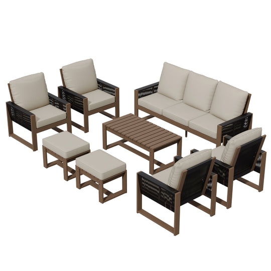 COOS BAY Natural Cedar 8 PCS Furniture Set w/Sofa 4 Patio Chairs 2 Ottomans and Coffee Table