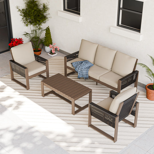 COOS BAY Natural Cedar 4 PCS Furniture Set w/Sofa 2 Chairs and Coffee Table