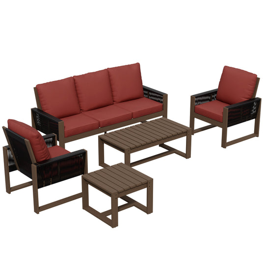 COOS BAY Natural Cedar 5 PCS Furniture Set w/ Sofa, 2 Patio Chairs, Coffee Table, and Side Table
