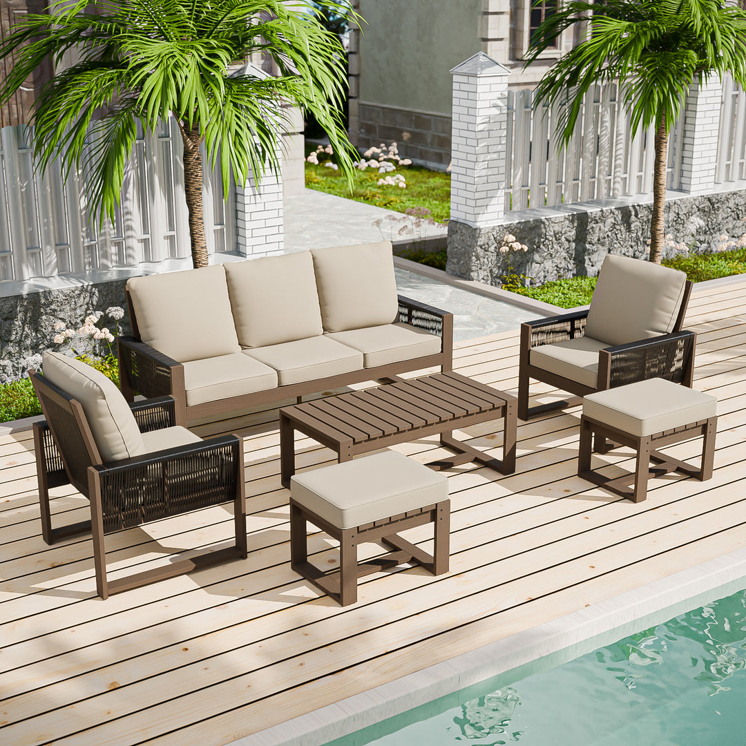 COOS BAY Natural Cedar 6 PCS Furniture Set w/ Sofa 2 Patio Chairs 2 Ottomans and Coffee Table