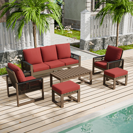 COOS BAY Natural Cedar 6 PCS Furniture Set w/ Sofa 2 Patio Chairs 2 Ottomans and Coffee Table