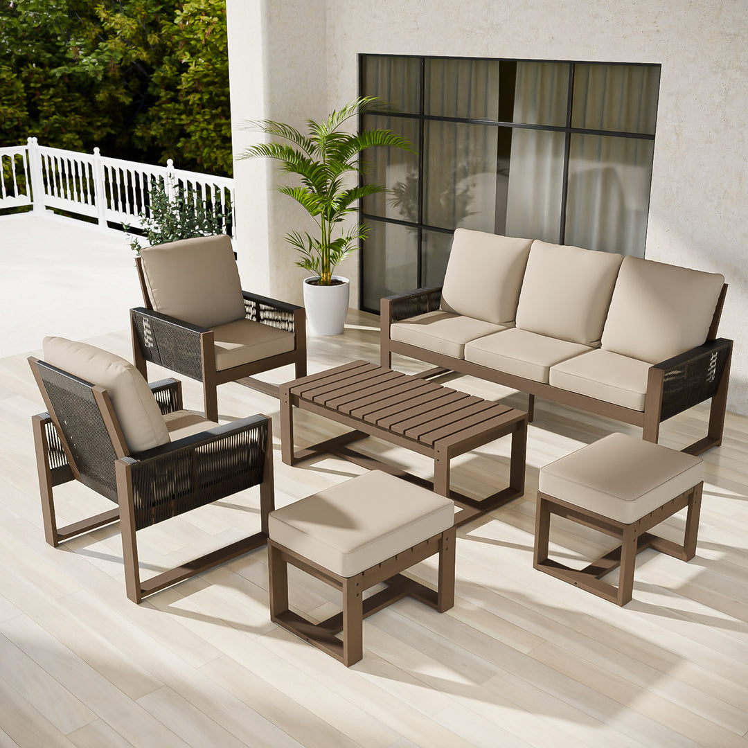 COOS BAY Natural Cedar 6 PCS Furniture Set w/ Sofa 2 Patio Chairs 2 Ottomans and Coffee Table