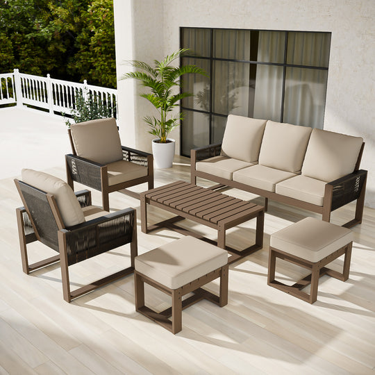 COOS BAY Natural Cedar 6 PCS Furniture Set w/ Sofa 2 Patio Chairs 2 Ottomans and Coffee Table