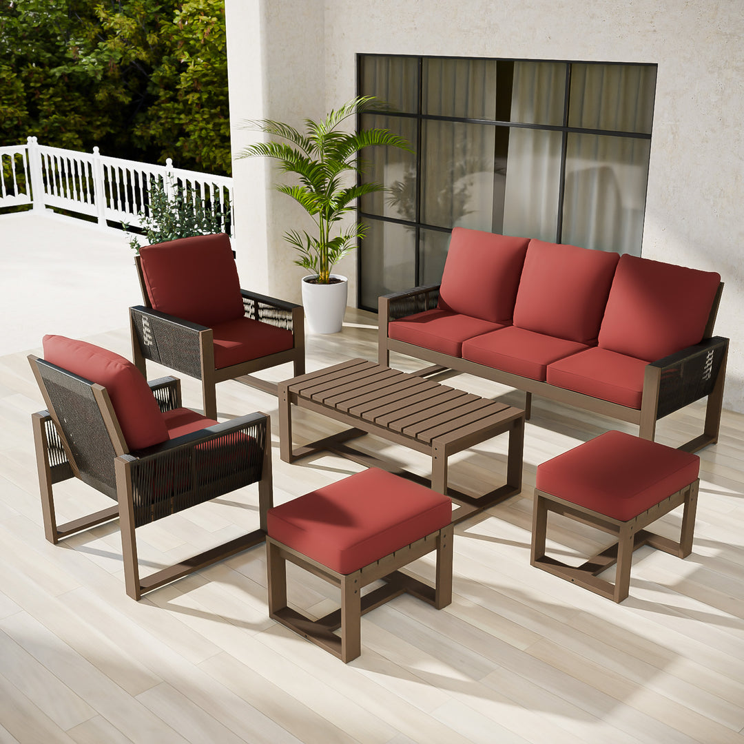 COOS BAY Natural Cedar 6 PCS Furniture Set w/ Sofa 2 Patio Chairs 2 Ottomans and Coffee Table