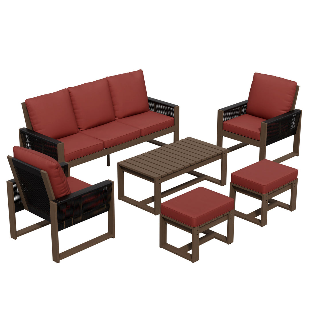 COOS BAY Natural Cedar 6 PCS Furniture Set w/ Sofa 2 Patio Chairs 2 Ottomans and Coffee Table