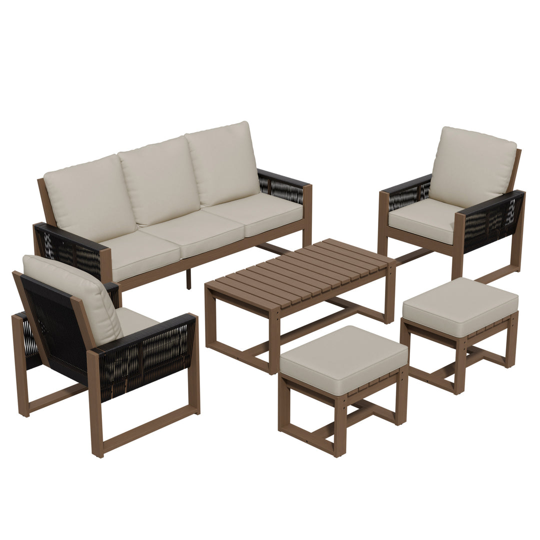COOS BAY Natural Cedar 6 PCS Furniture Set w/ Sofa 2 Patio Chairs 2 Ottomans and Coffee Table