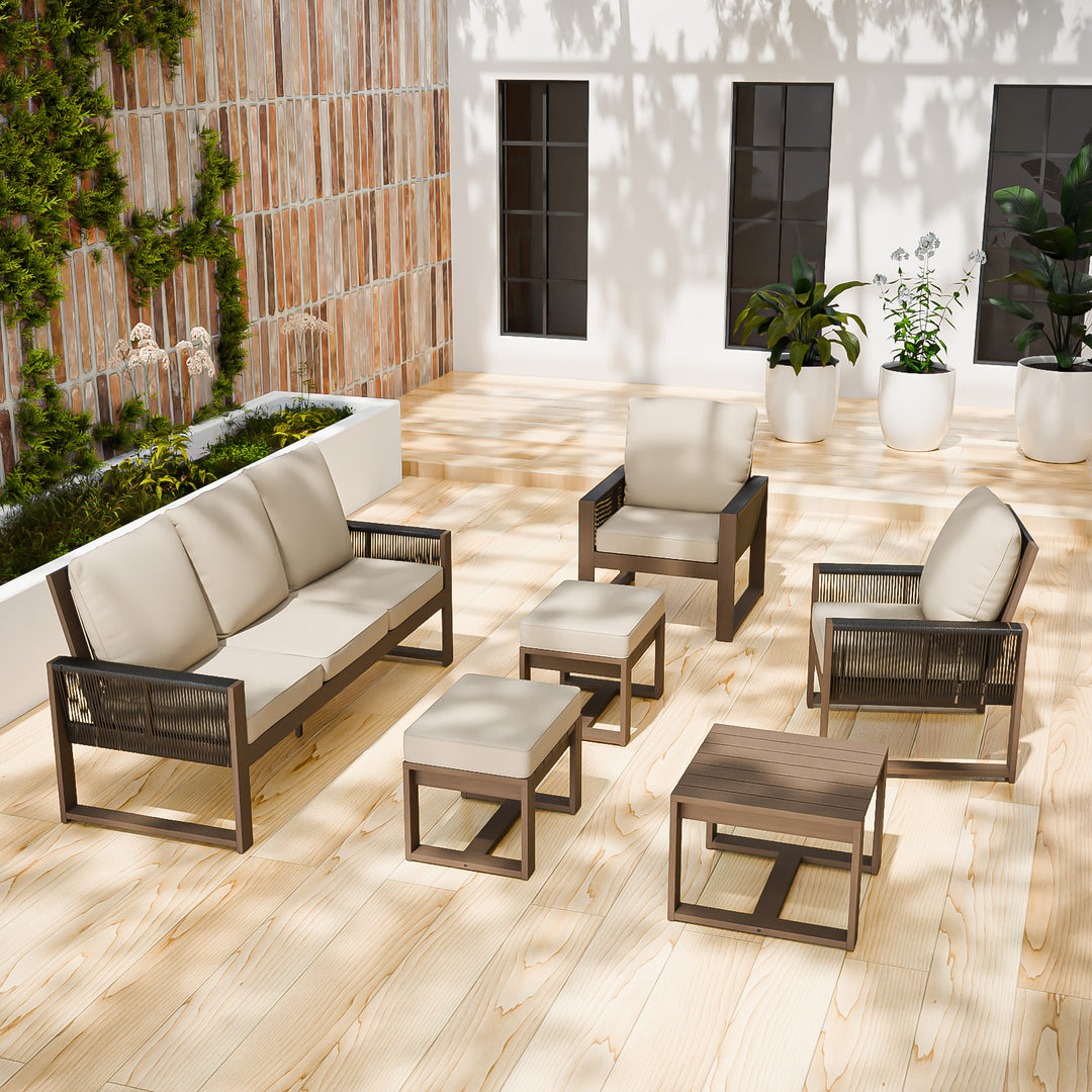 COOS BAY Natural Cedar 6 PCS Furniture Set w/ Sofa 2 Patio Chairs 2 Ottomans and Side Table