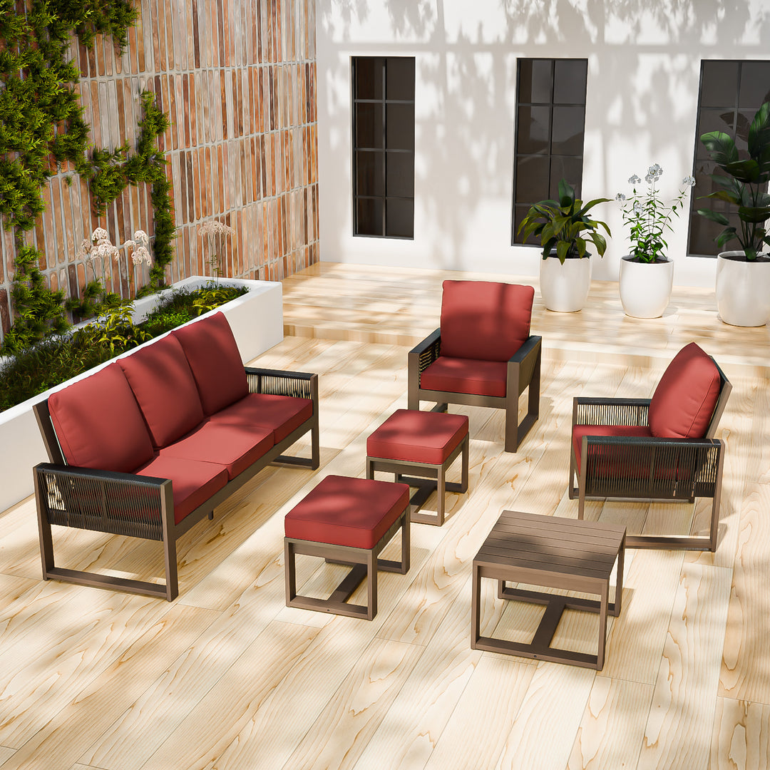 COOS BAY Natural Cedar 6 PCS Furniture Set w/ Sofa 2 Patio Chairs 2 Ottomans and Side Table