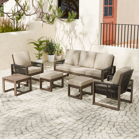 COOS BAY Natural Cedar 6 PCS Furniture Set w/ Sofa 2 Patio Chairs 2 Ottomans and Side Table