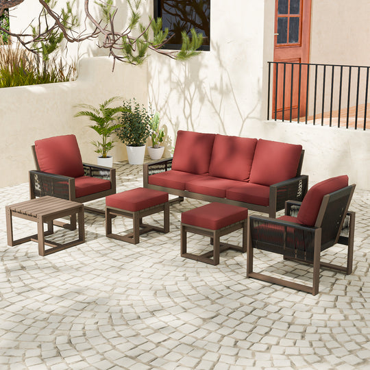 COOS BAY Natural Cedar 6 PCS Furniture Set w/ Sofa 2 Patio Chairs 2 Ottomans and Side Table