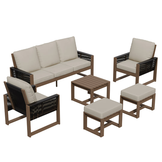 COOS BAY Natural Cedar 6 PCS Furniture Set w/ Sofa 2 Patio Chairs 2 Ottomans and Side Table