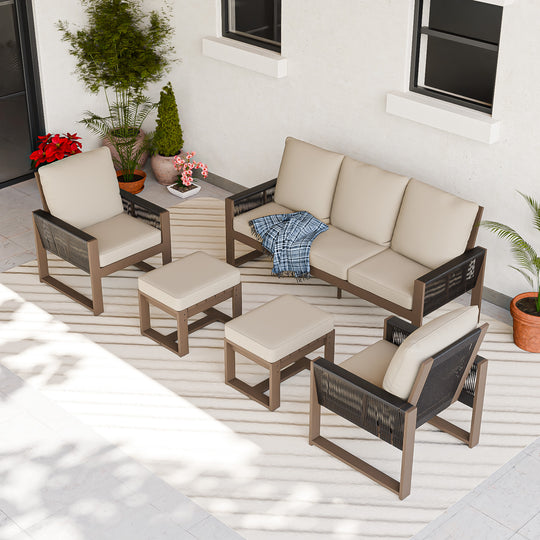 COOS BAY Natural Cedar 5 PCS Furniture Set w/Sofa 2 Patio Chairs and 2 Ottomans