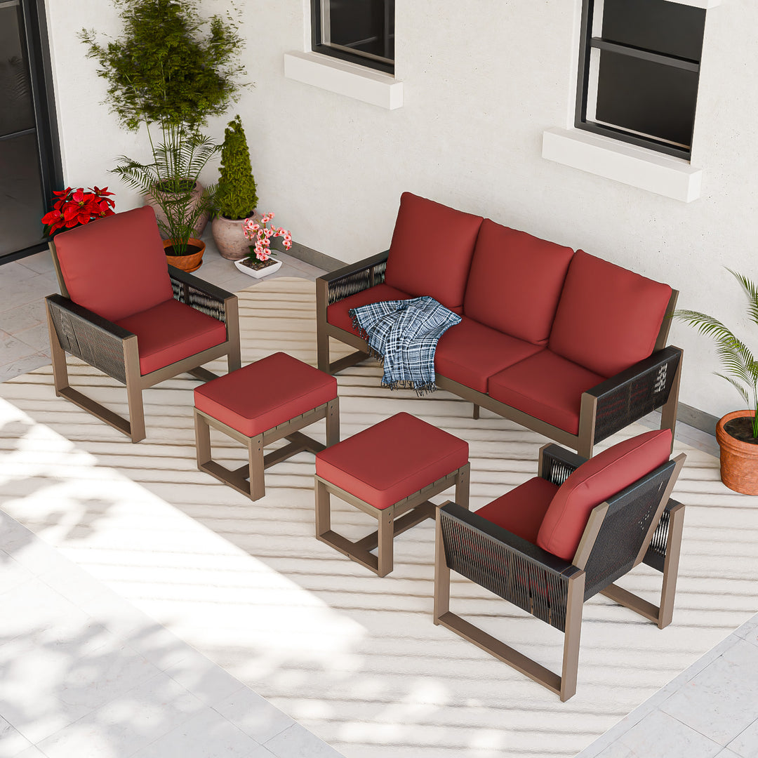 COOS BAY Natural Cedar 5 PCS Furniture Set w/Sofa 2 Patio Chairs and 2 Ottomans
