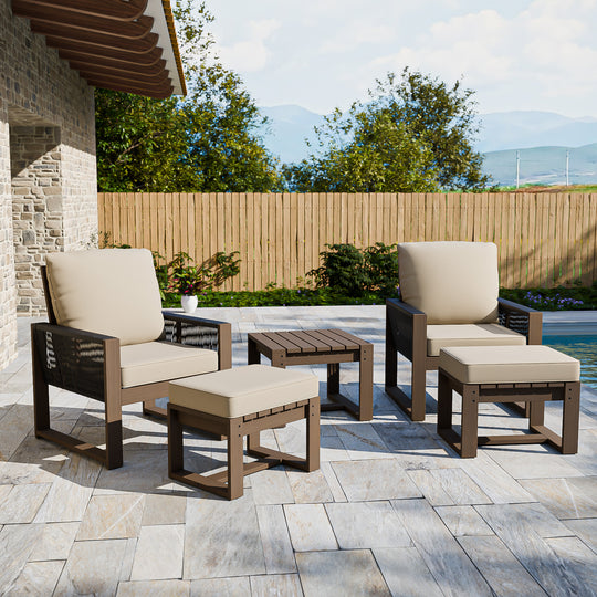 COOS BAY Natural Cedar 5 PCS Bistro Set, Real Wood Chairs with Ottomans and Table