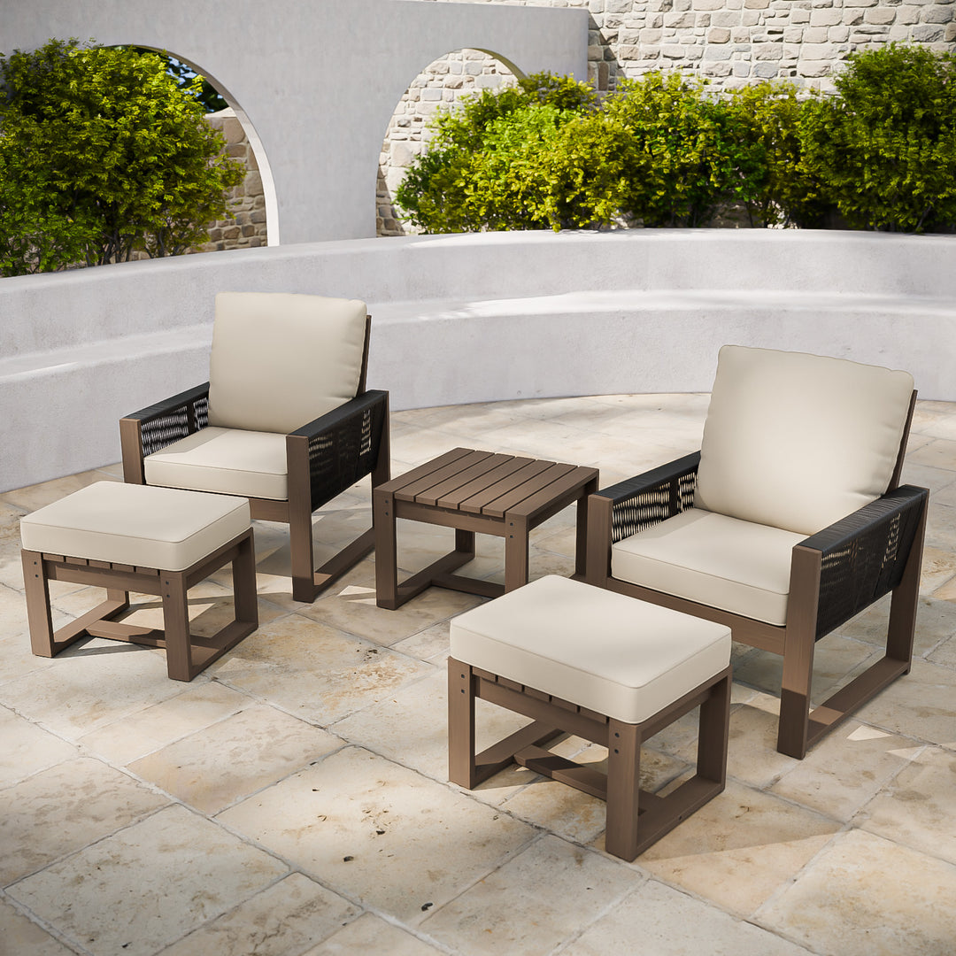 COOS BAY Natural Cedar 5 PCS Bistro Set, Real Wood Chairs with Ottomans and Table