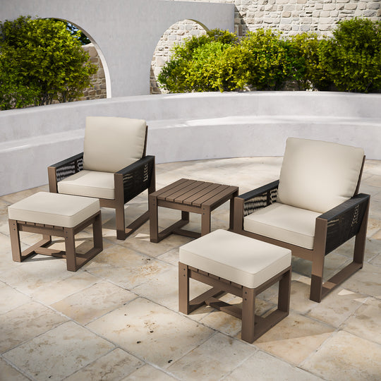 COOS BAY Natural Cedar 5 PCS Bistro Set, Real Wood Chairs with Ottomans and Table