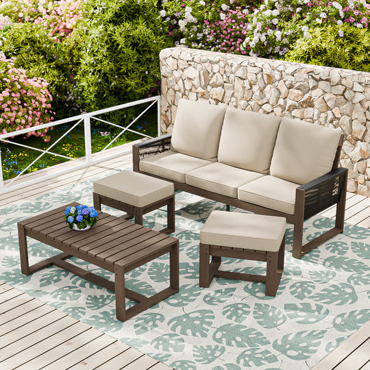 COOS BAY Natural Cedar 4 PCS Furniture Set w/ Sofa 2 Ottomans and Coffee Table