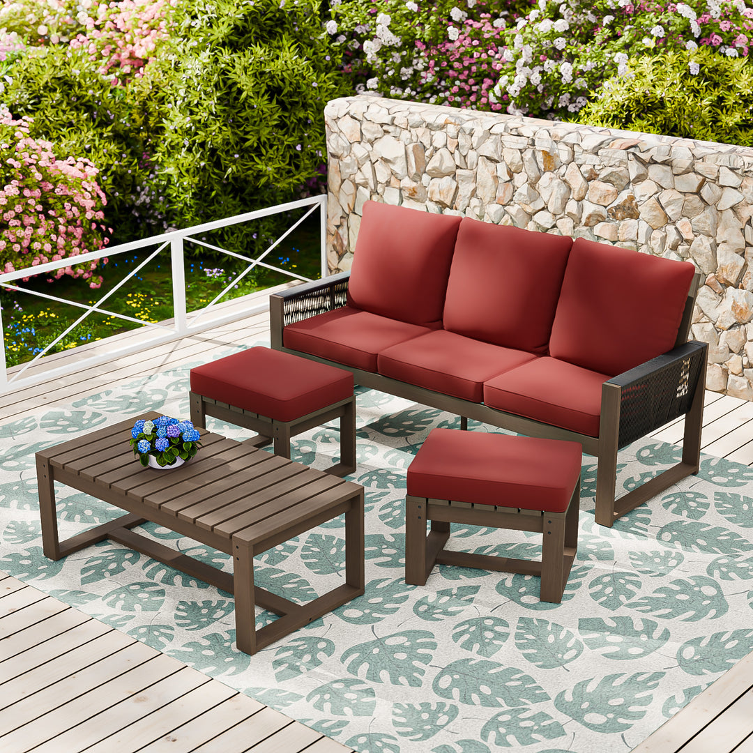 COOS BAY Natural Cedar 4 PCS Furniture Set w/ Sofa 2 Ottomans and Coffee Table