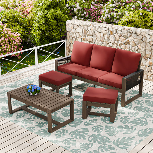 COOS BAY Natural Cedar 4 PCS Furniture Set w/ Sofa 2 Ottomans and Coffee Table