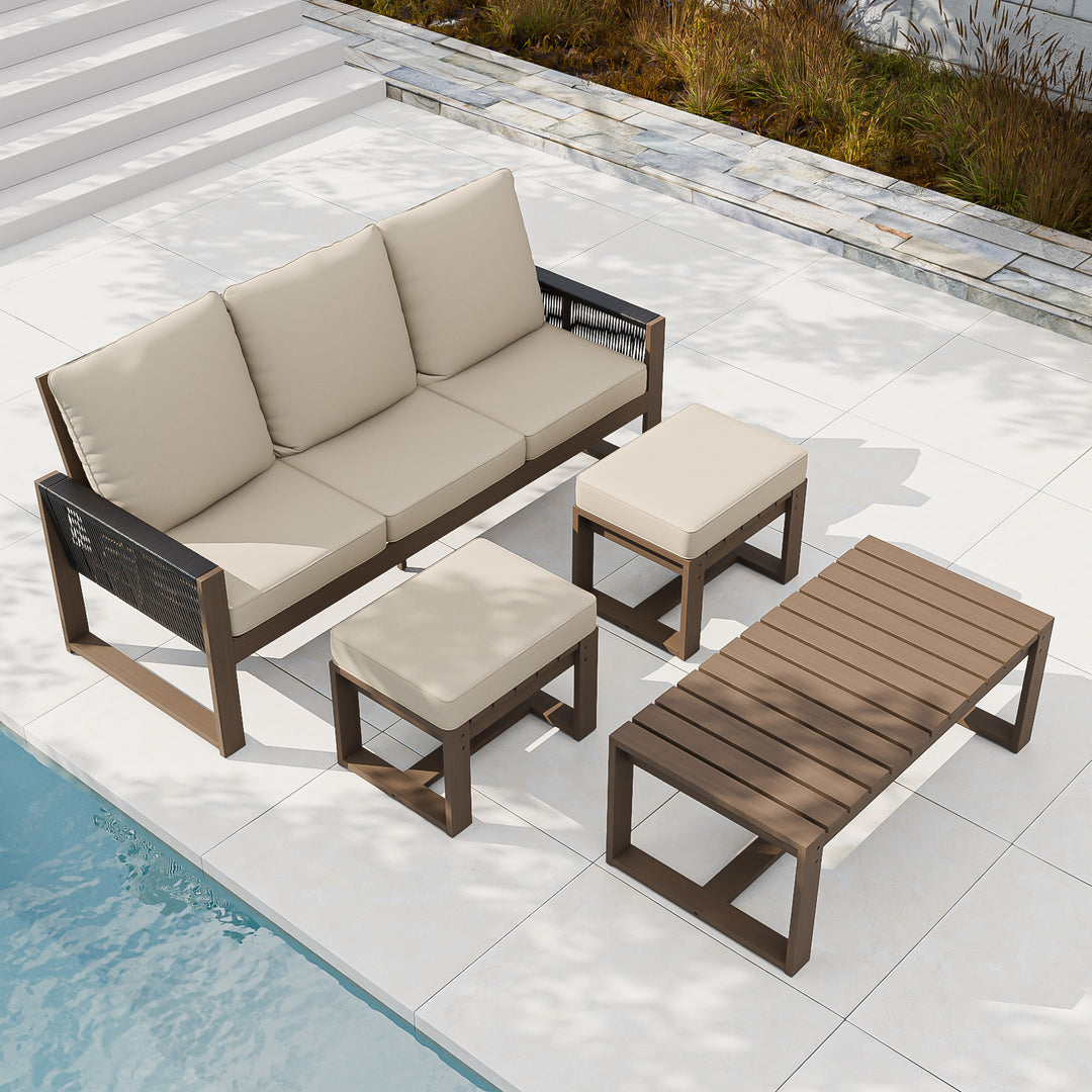 COOS BAY Natural Cedar 4 PCS Furniture Set w/ Sofa 2 Ottomans and Coffee Table