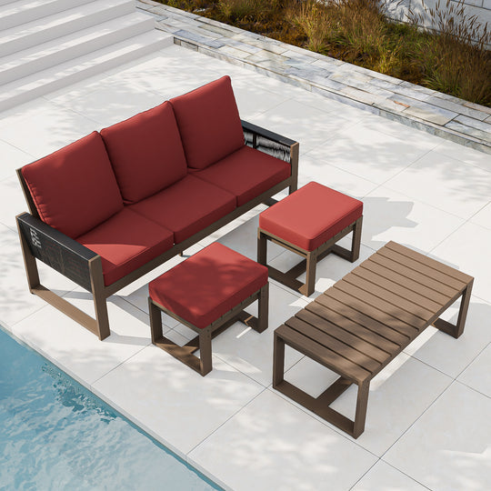 COOS BAY Natural Cedar 4 PCS Furniture Set w/ Sofa 2 Ottomans and Coffee Table