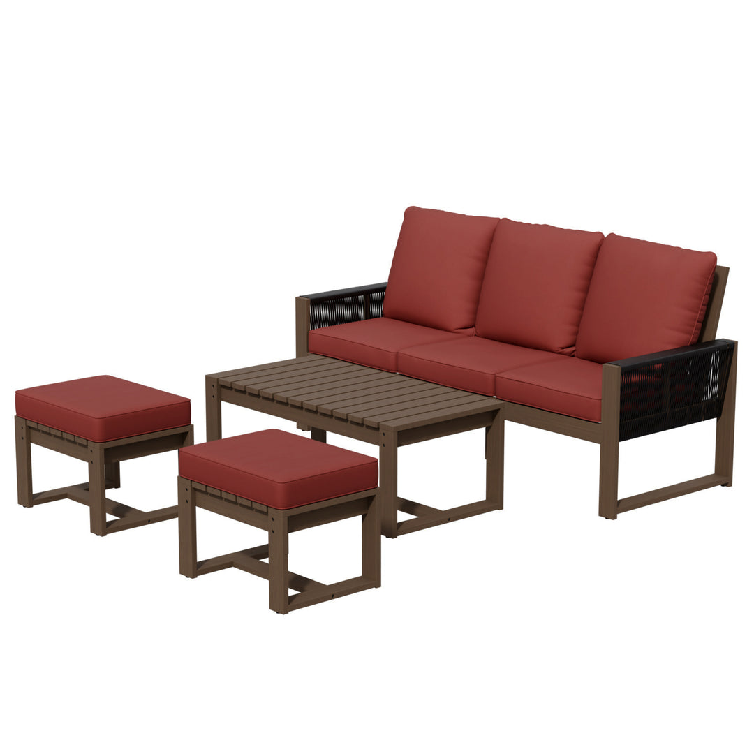 COOS BAY Natural Cedar 4 PCS Furniture Set w/ Sofa 2 Ottomans and Coffee Table