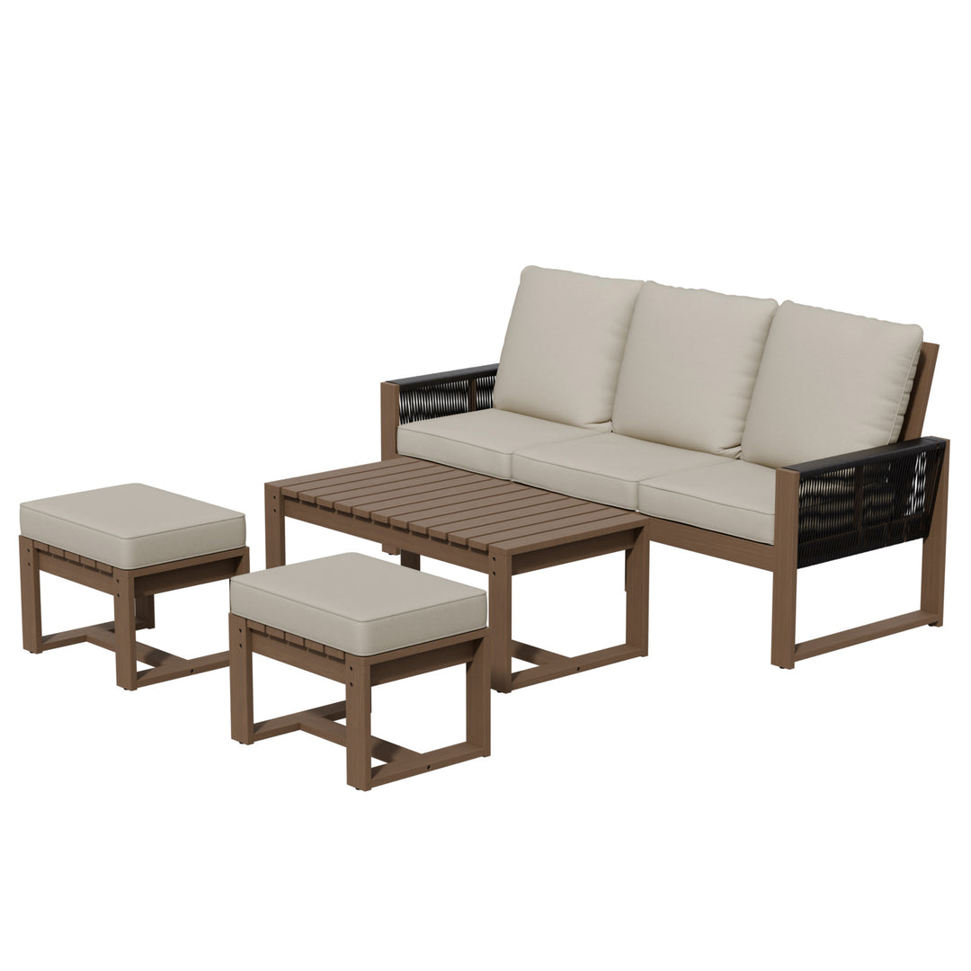 COOS BAY Natural Cedar 4 PCS Furniture Set w/ Sofa 2 Ottomans and Coffee Table