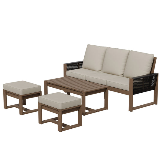 COOS BAY Natural Cedar 4 PCS Furniture Set w/ Sofa 2 Ottomans and Coffee Table