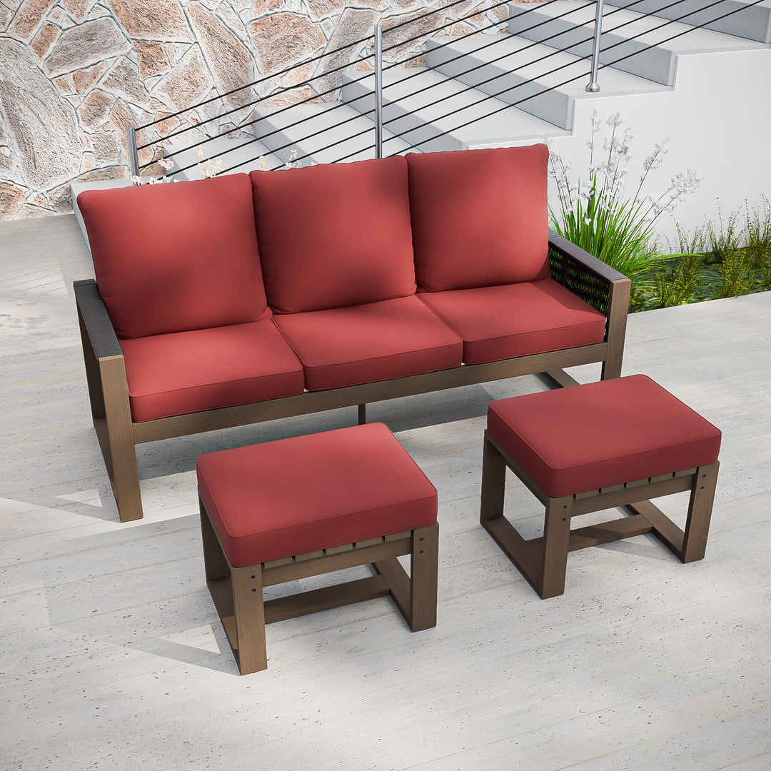 COOS BAY Natural Cedar 3 PCS Furniture Set w/ Sofa and Ottomans